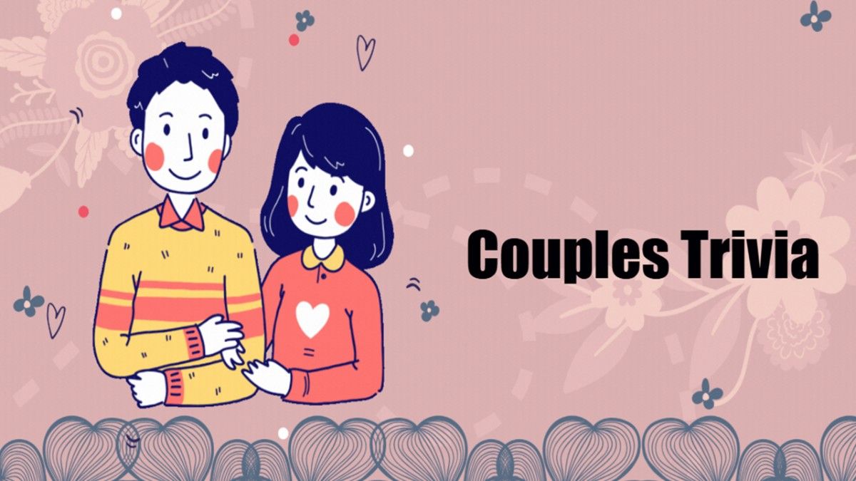 Couples Trivia cover with cute cartoon couple, soft pink background, heart icons, floral patterns...