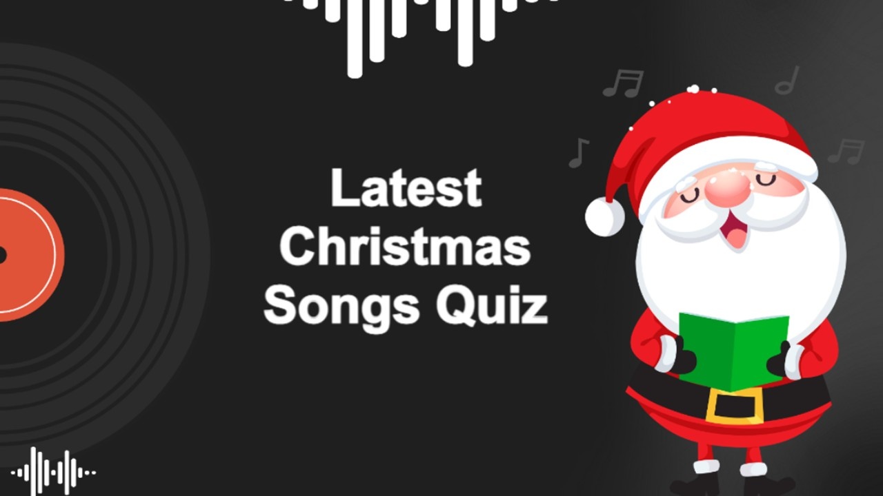Latest Christmas songs quiz template with dark background, Santa cartoon singing, music notes, vi...