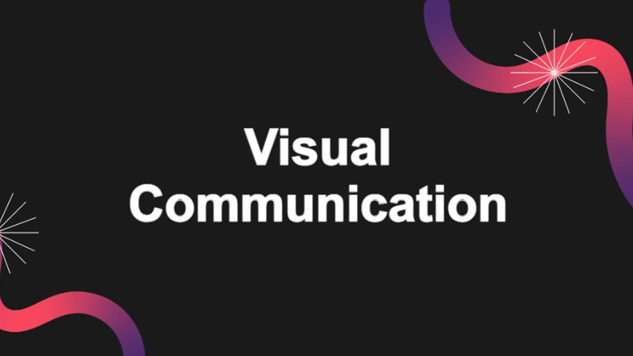 Visual Communication slide with white title, black background, gradient curves, abstract star acc...