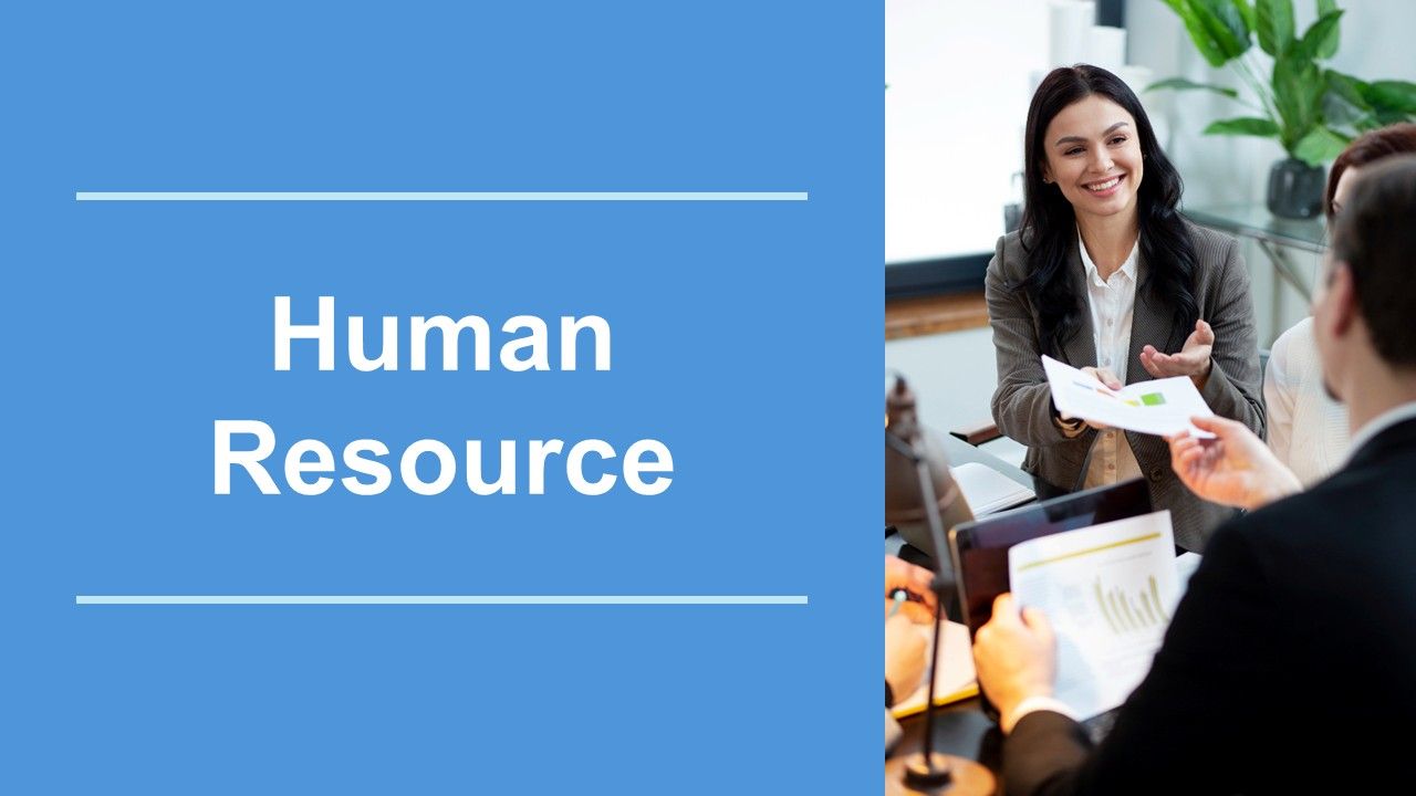 Human resource template with blue panel, white text, divider lines, and HR discussion photo for e...
