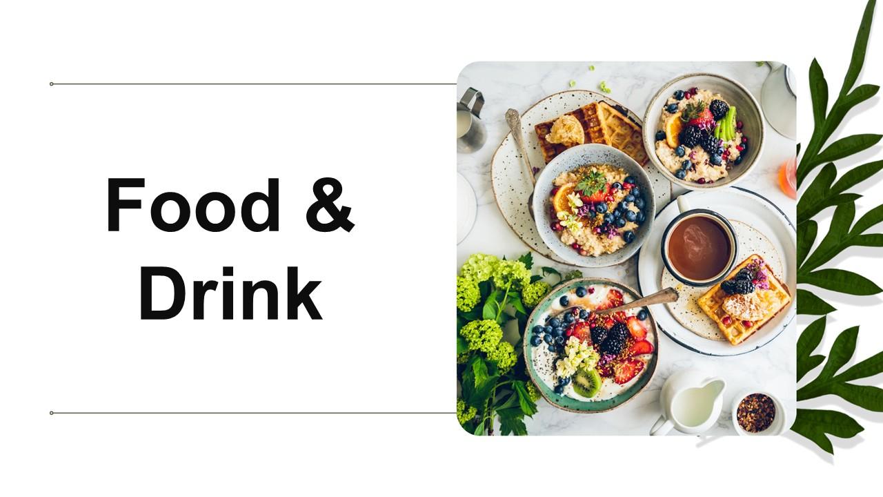 Food & drink template showing breakfast plates with waffles fruits bowls coffee cups on white...