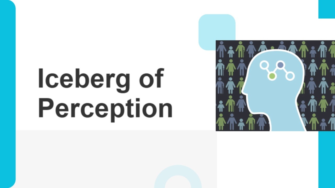 Iceberg of perception template with black text on white, blue accents, head silhouette with nodes...
