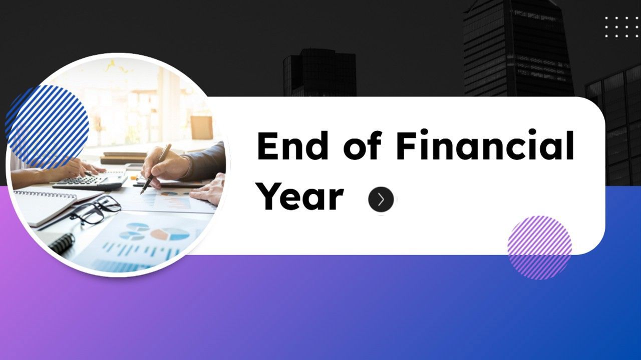 End of Financial Year cover with finance photo, blue gradient, and modern business layout.