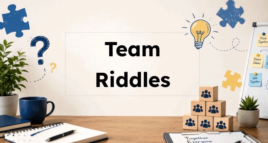 Team Riddles slide with puzzle pieces, teamwork blocks and modern office workspace