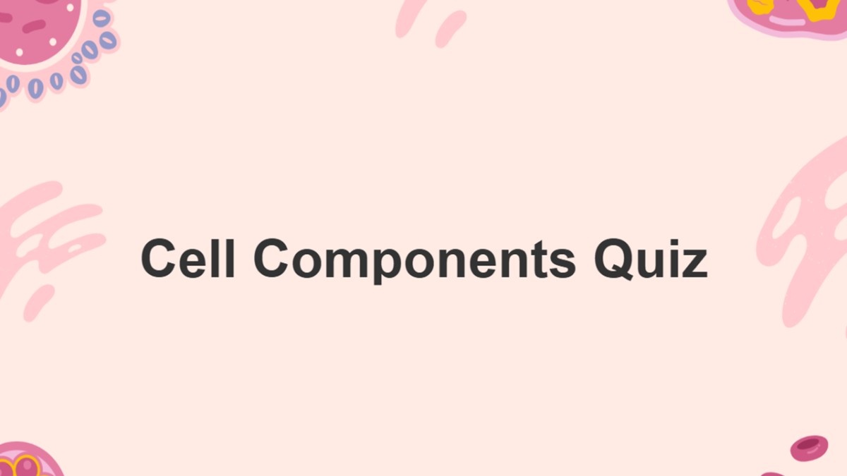 Cell Components Quiz cover with soft pink background, abstract cell shapes, minimal layout, and b...