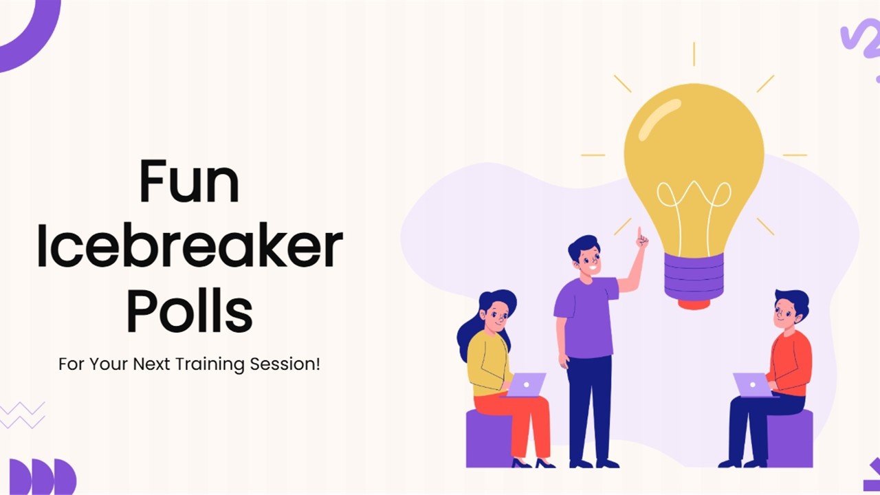 Fun Icebreaker Polls For Your Next Training Session! with team, light bulb, and modern layout.