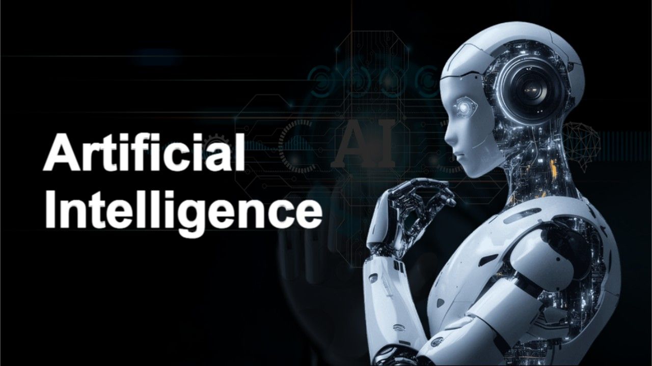 Artificial Intelligence template with a humanoid robot, dark background, digital patterns, and ad...