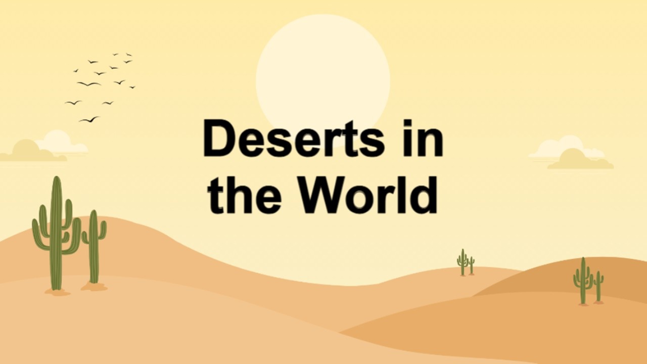 Deserts in the world template with sandy yellow dunes, cactus illustrations, sun and birds introd...