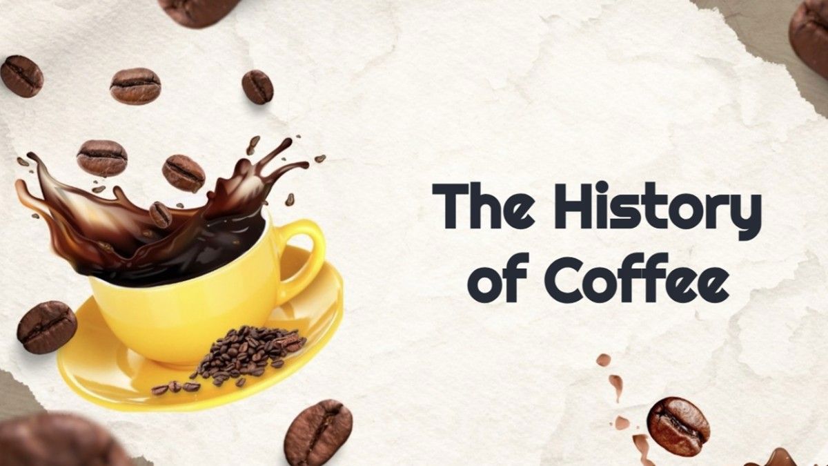 The History of Coffee with yellow cup, coffee splash, beans, and beige paper background.