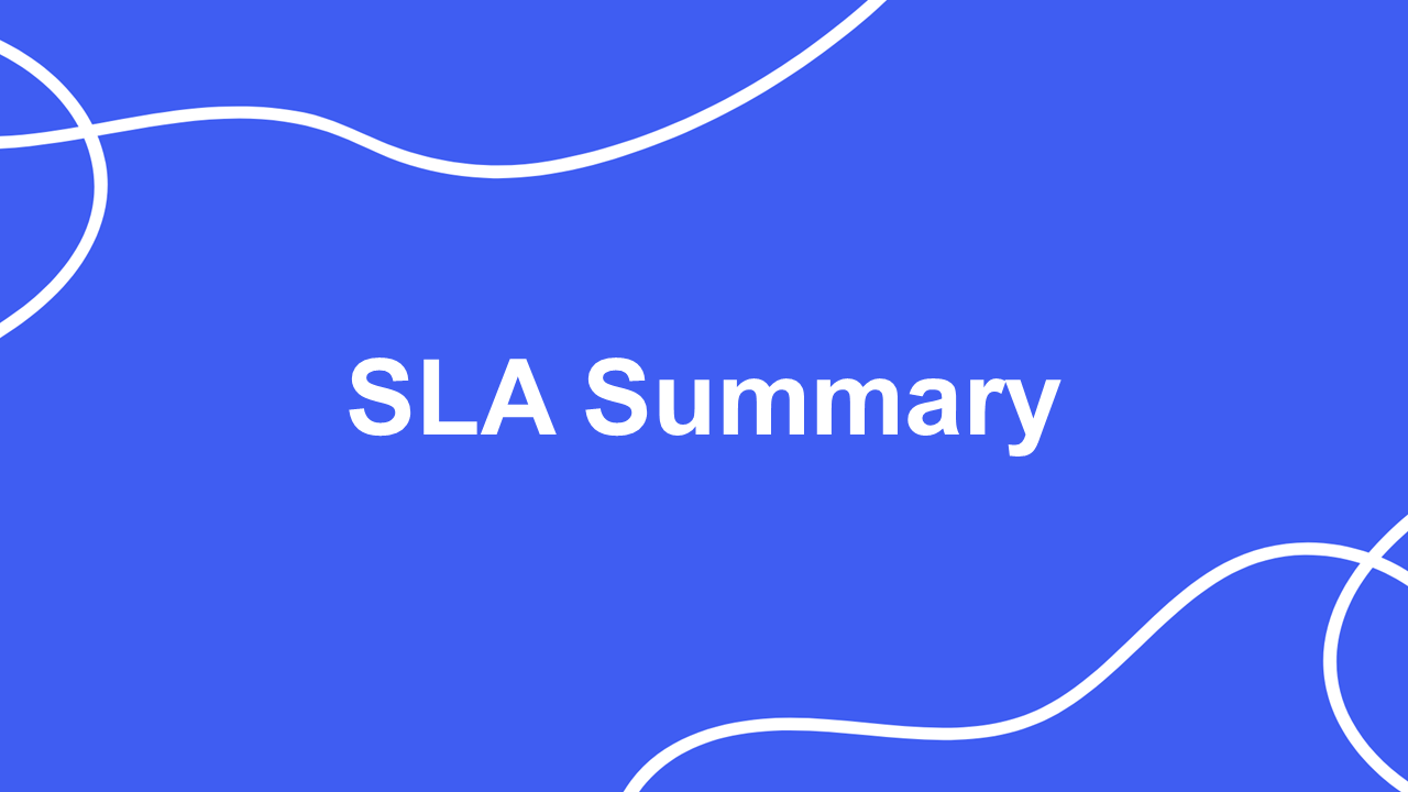 SLA summary template with blue background, white curved lines, and clear title highlighting servi...