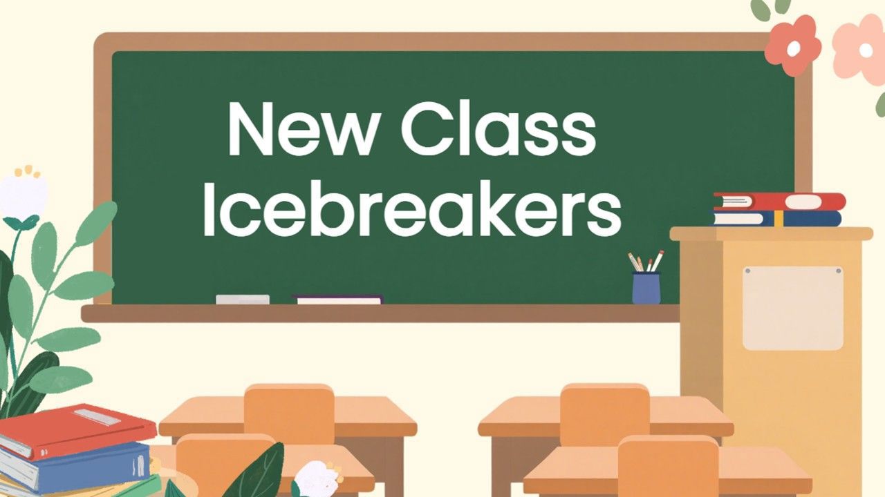 New Class Icebreakers with classroom board, desks, books, and a warm school theme.