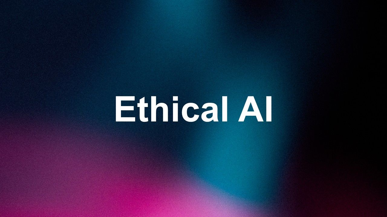 Ethical AI template with dark gradient background, blue and pink light glow, and modern design in...
