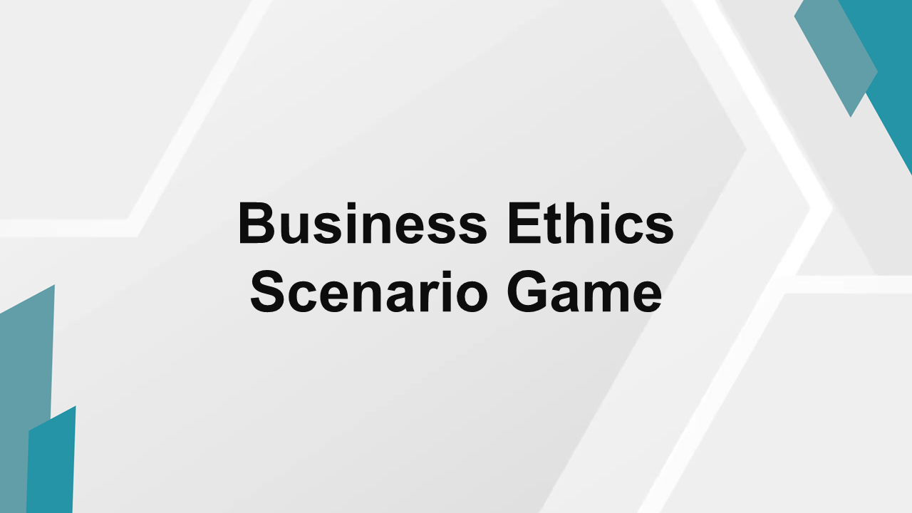 Business ethics scenario game template with clean geometric background and professional corporate...