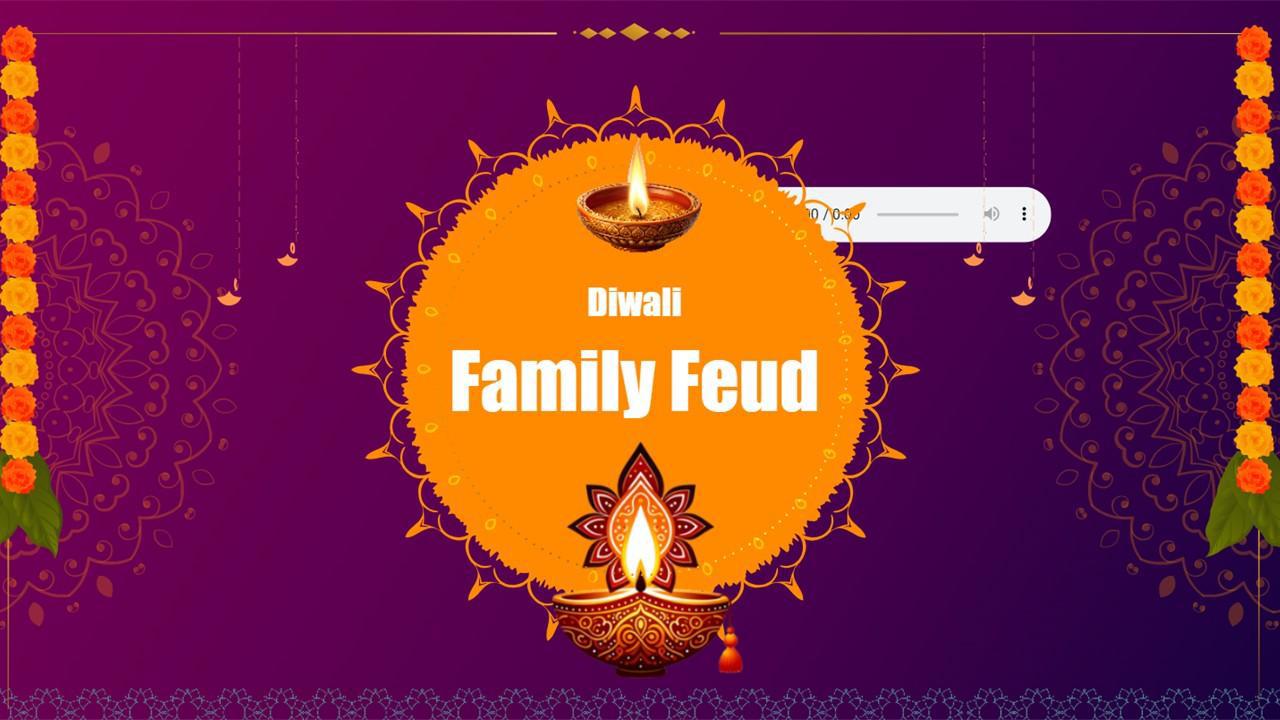 Diwali Family Feud slide with diyas, mandala design, purple background, and festive decor.