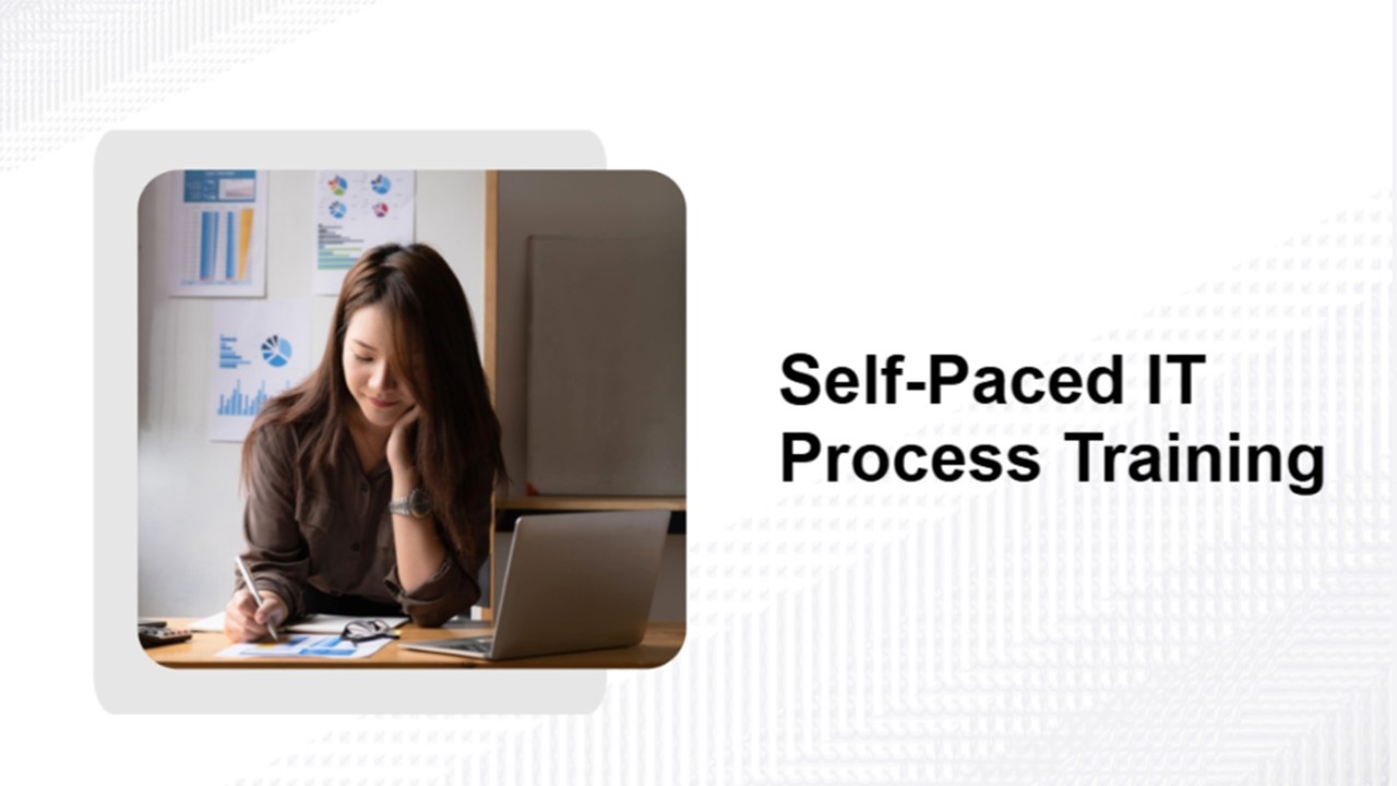 Self-Paced IT Process Training template with soft grey theme, individual learning setup, laptop workspace, and minimal design elements.