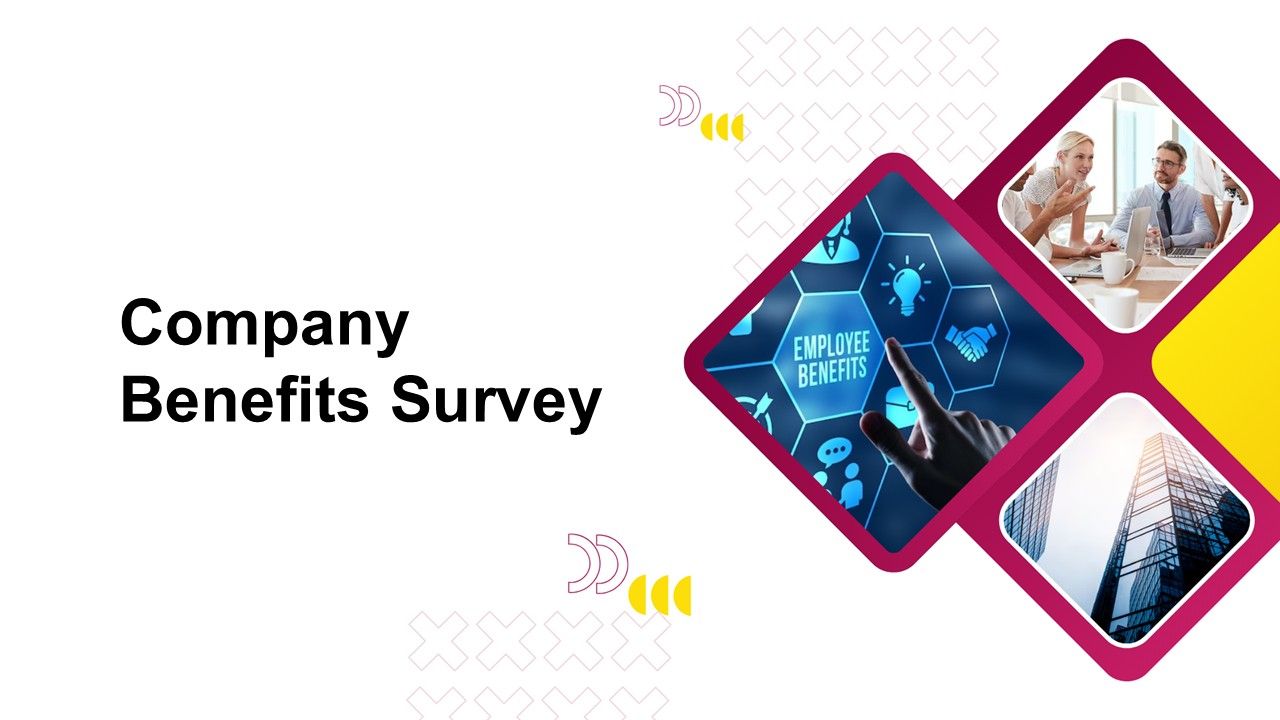 Company benefits survey intro template with simple text holder, white theme, benefits icons, corporate images, clean design.