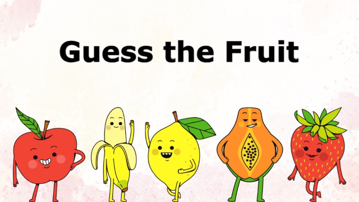 Guess the fruit title with colorful fruit cartoons on a light patterned background, used for play...
