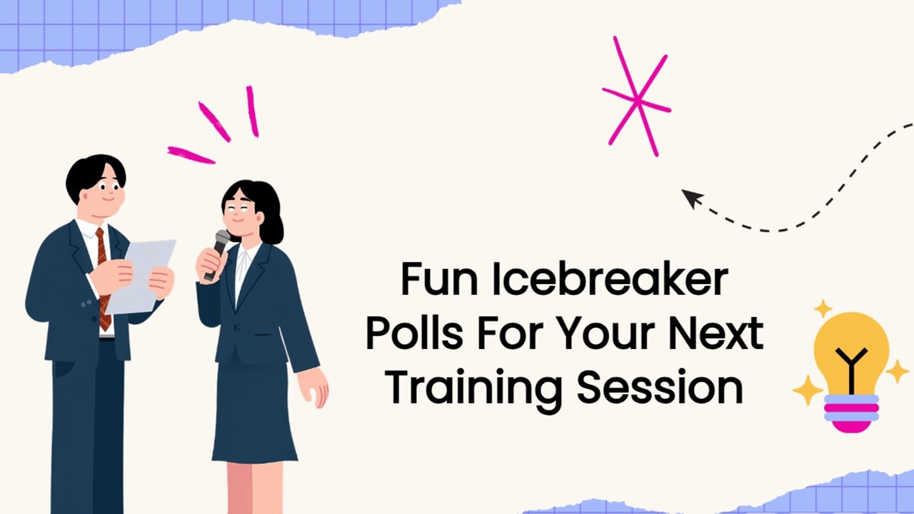Interactive training poll slide with presenters, creative icons, and a clean modern layout.