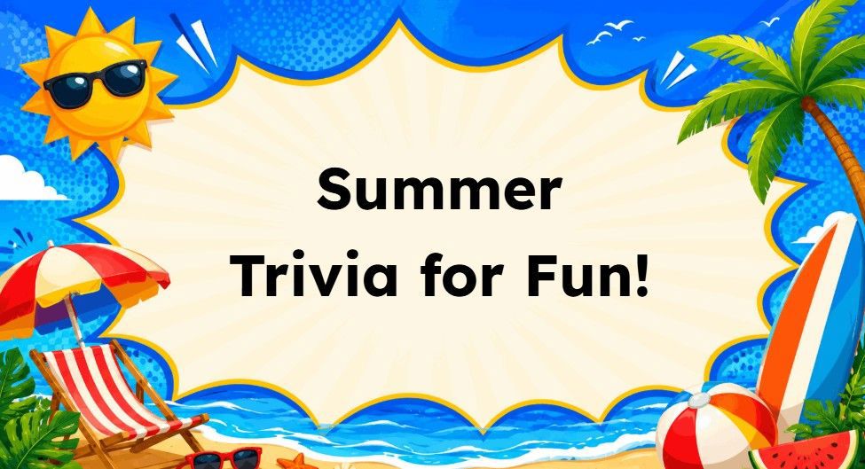 Summer Trivia for Fun! slide with sunny beach, palm trees and colorful seaside elements