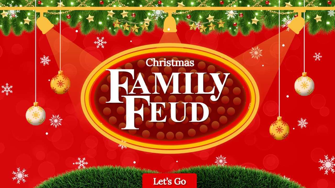 Christmas Family Feud slide with ornaments, snowflakes, garlands, and festive title text.