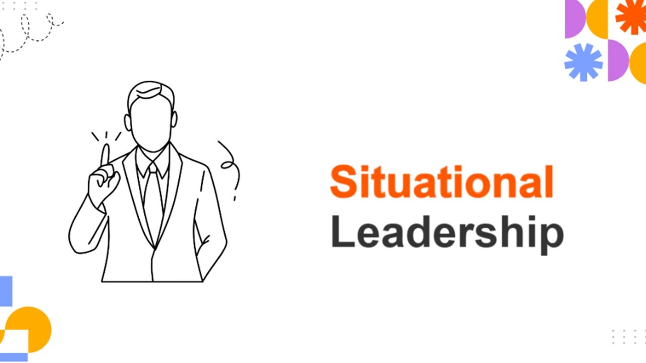Situational leadership slide with white background, leader line illustration, multicolor accents,...