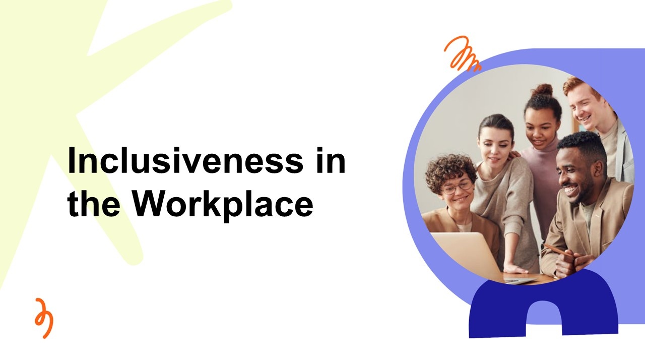 Inclusiveness in the workplace template with diverse team around laptop, white layout, blue circl...