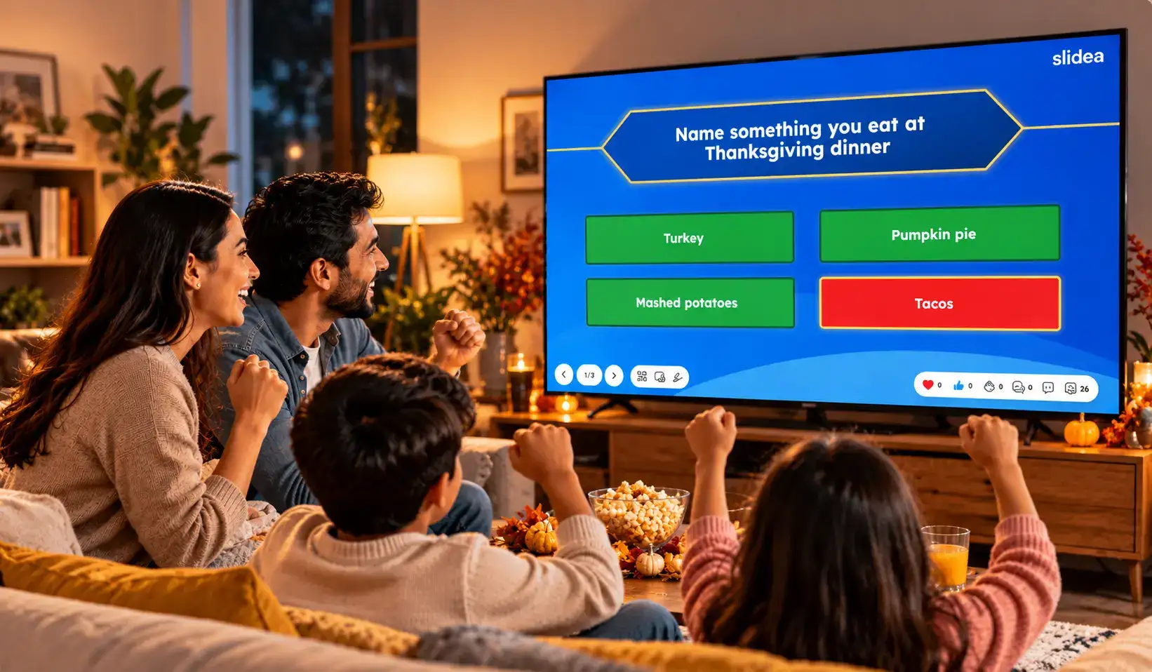 Feud answer reveal on the presenter screen: three right answers in green and a wrong answer in red