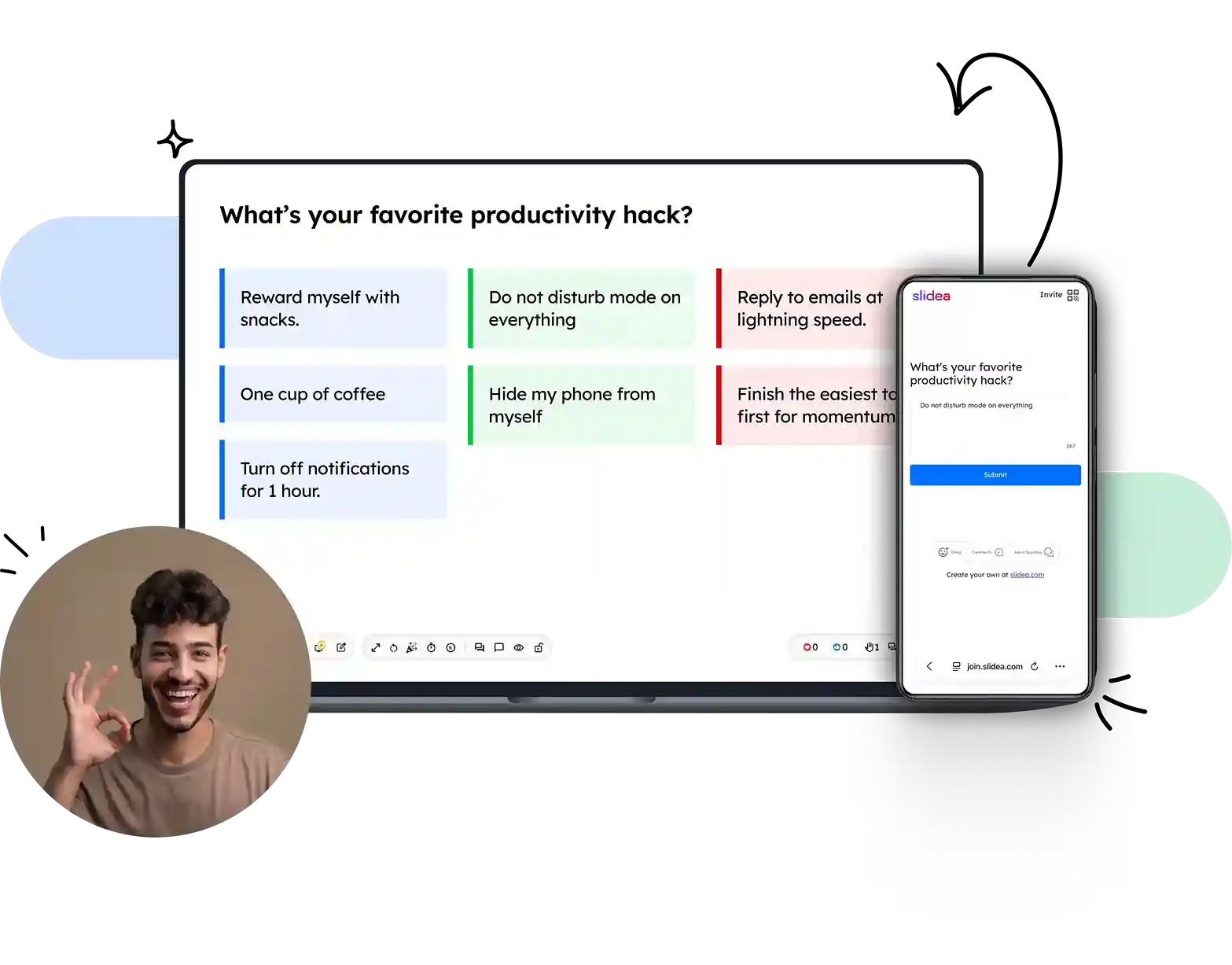 Open-ended poll with Slidea — presenter grouping live responses and audience submitting answers