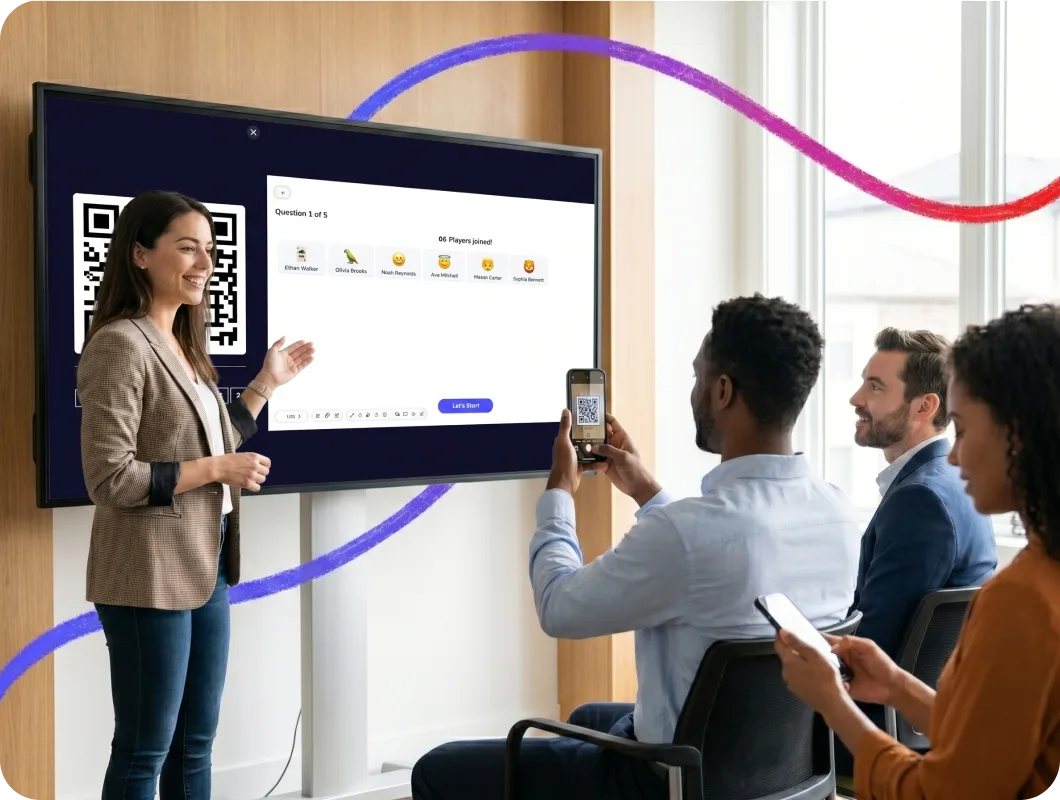 People in a meeting room scan a large QR code on a screen to join an interactive quiz.