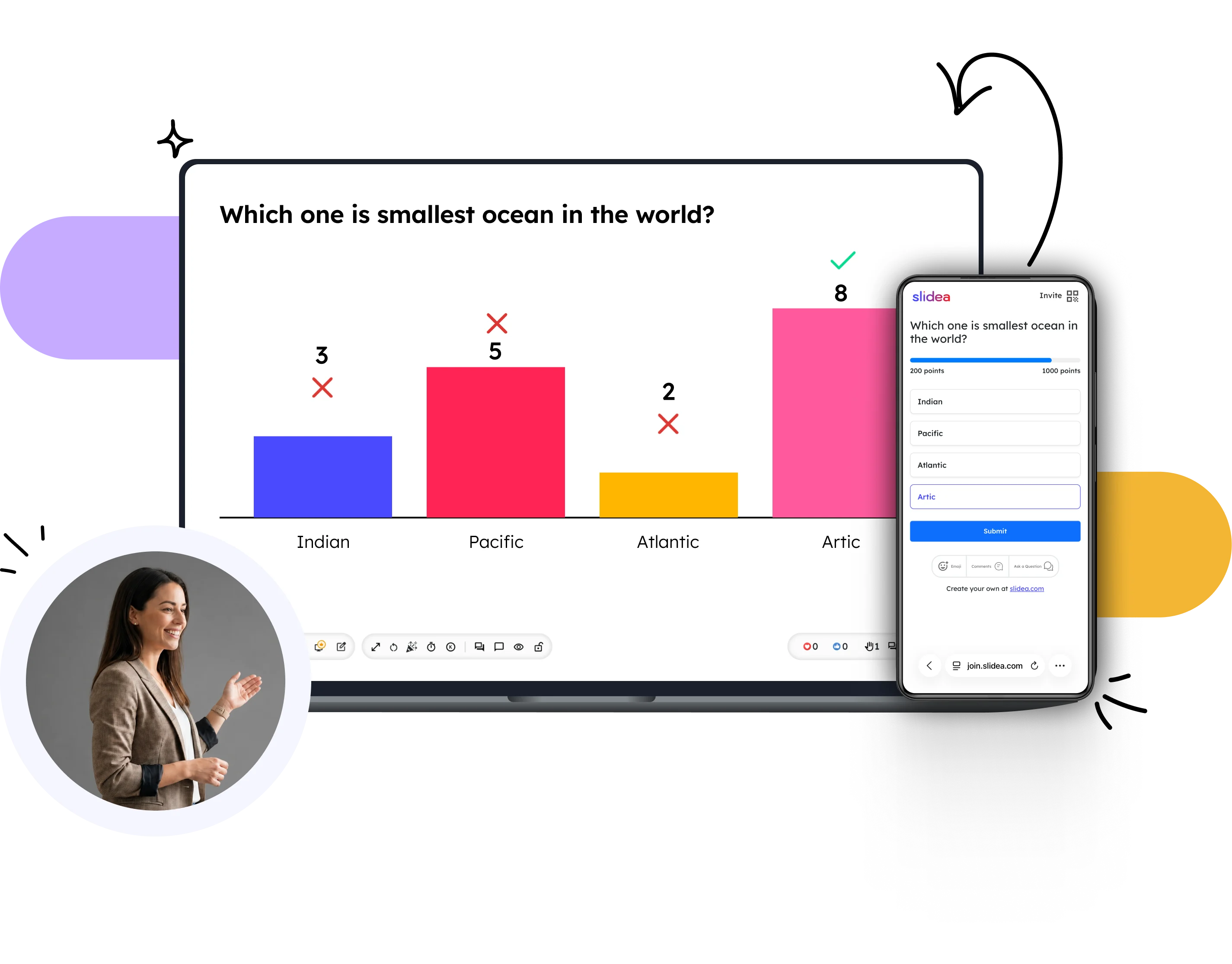 Split screen showing quiz results on a laptop, a mobile interface, and a smiling presenter.