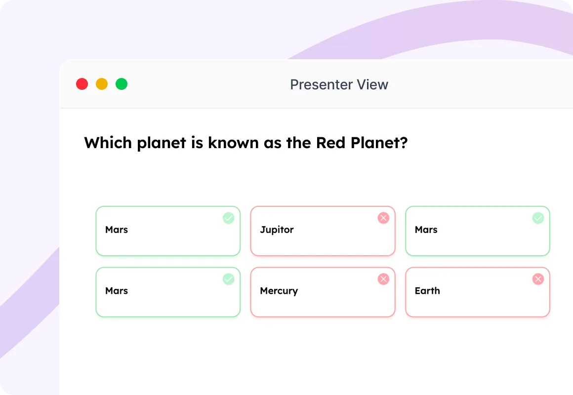 Presenter View displaying audience text responses for 'Which planet is known as the Red Planet?'