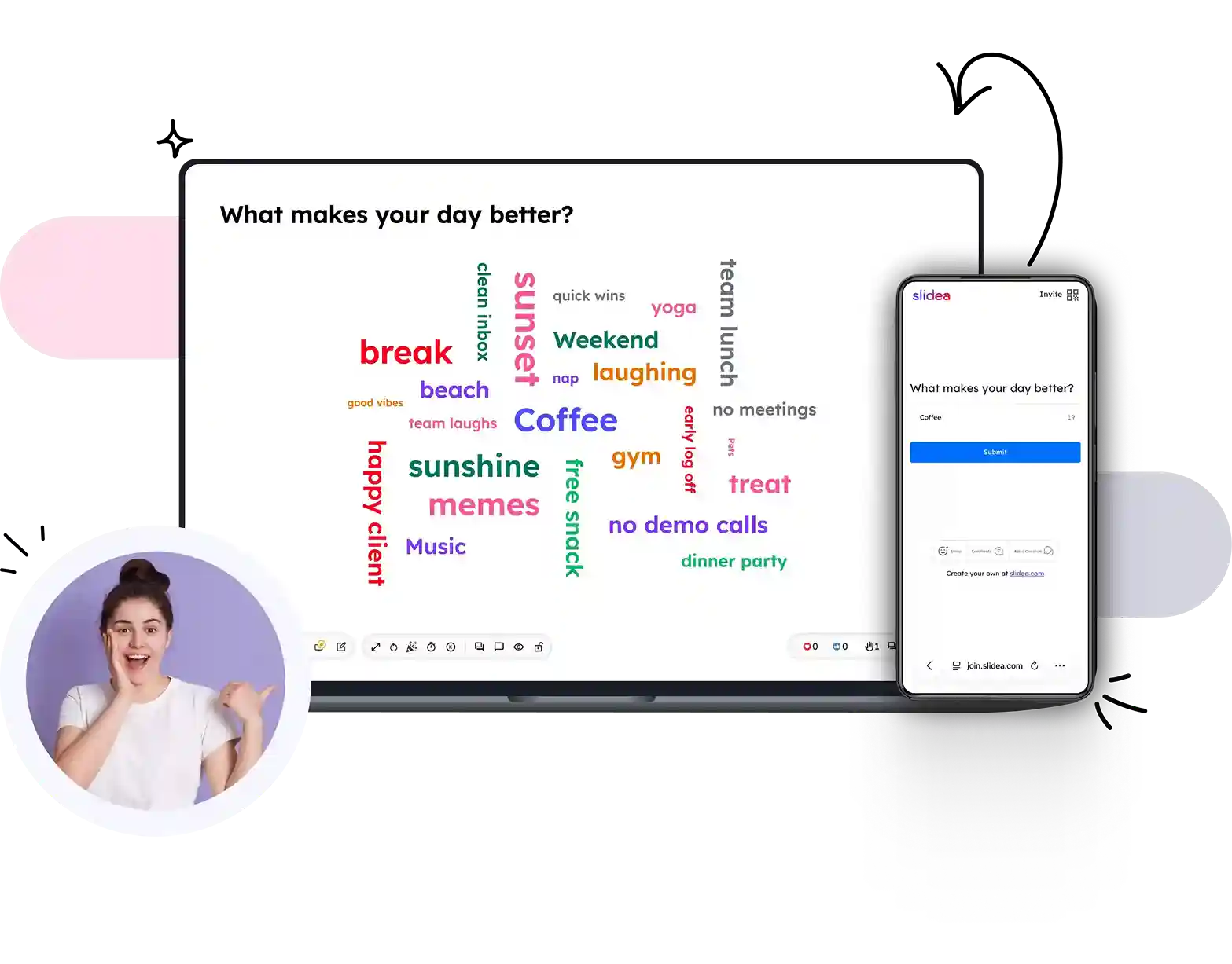 Word cloud poll with Slidea — presenter screen and audience submitting words on mobile