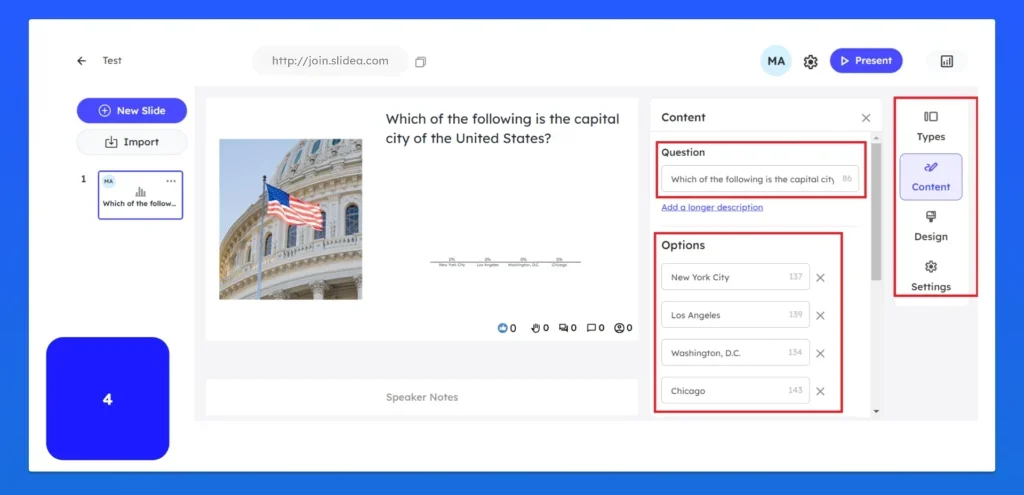 Slidea slide editor shows a multiple choice quiz with options and design, content, and settings tools visible.