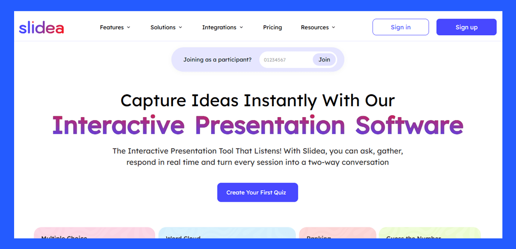 Slidea homepage showing interactive presentation software with login or signup buttons and CTA to download for Windows.
