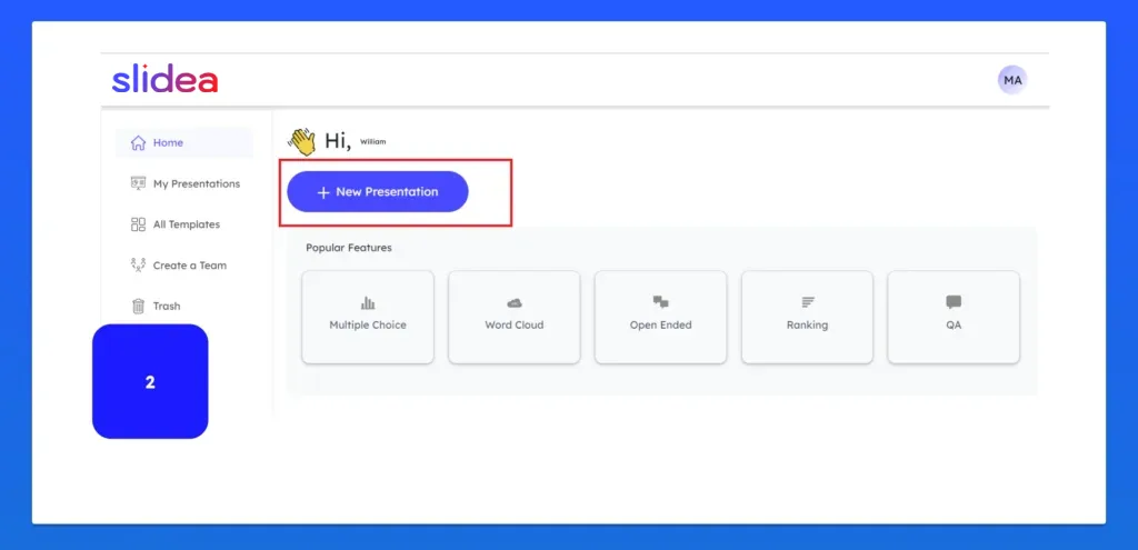 Slidea dashboard with a highlighted New Presentation button and options like word cloud, MCQs, ranking, and QA features.