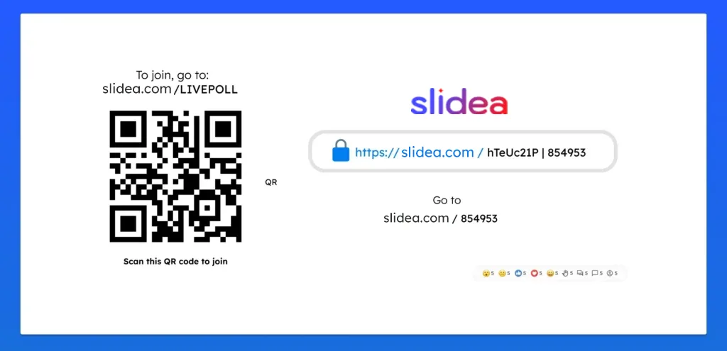 QR code slide invites users to join a live poll on Slidea by scanning or visiting site or the code for instant participation.
