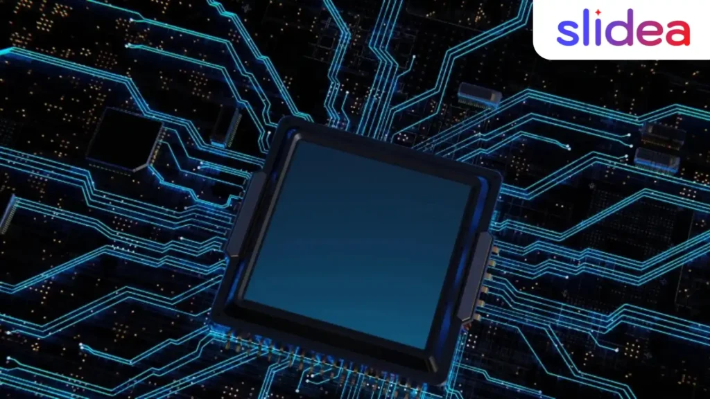 A glowing blue circuit board with a central chip, symbolizing technology and innovation, featuring the logo at the top.