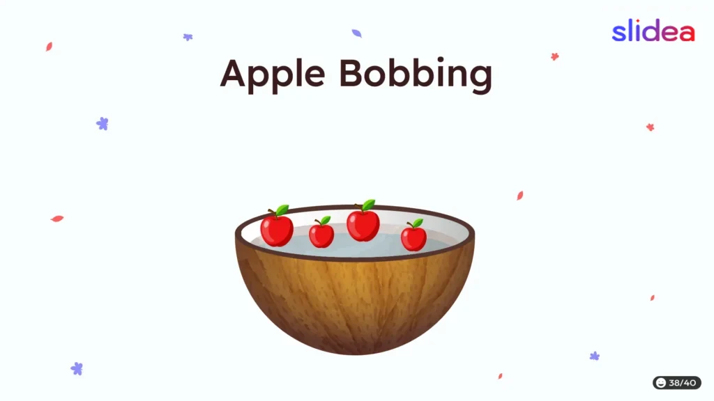 Illustration of a wooden bowl filled with water and floating red apples, with scattered fall leaves in the background.