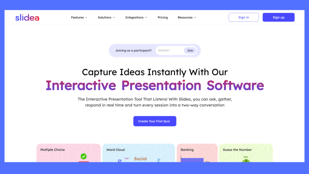Slidea homepage shows its interactive presentation software with quiz and poll tools for seamless audience engagement.