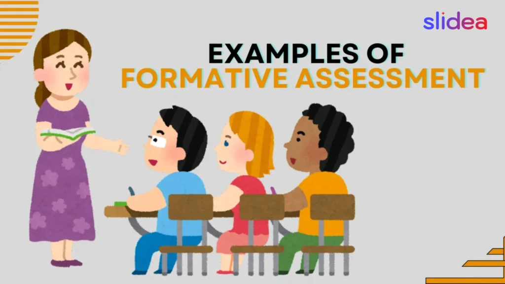 Cartoon style teacher engaging three diverse students with a book, illustrating examples in the classroom.