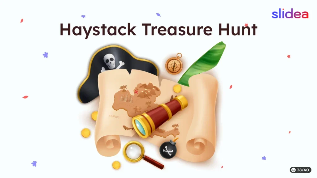 Pirate-themed illustration of a treasure map with a telescope, compass, coins, and a skull hat for a haystack treasure hunt.