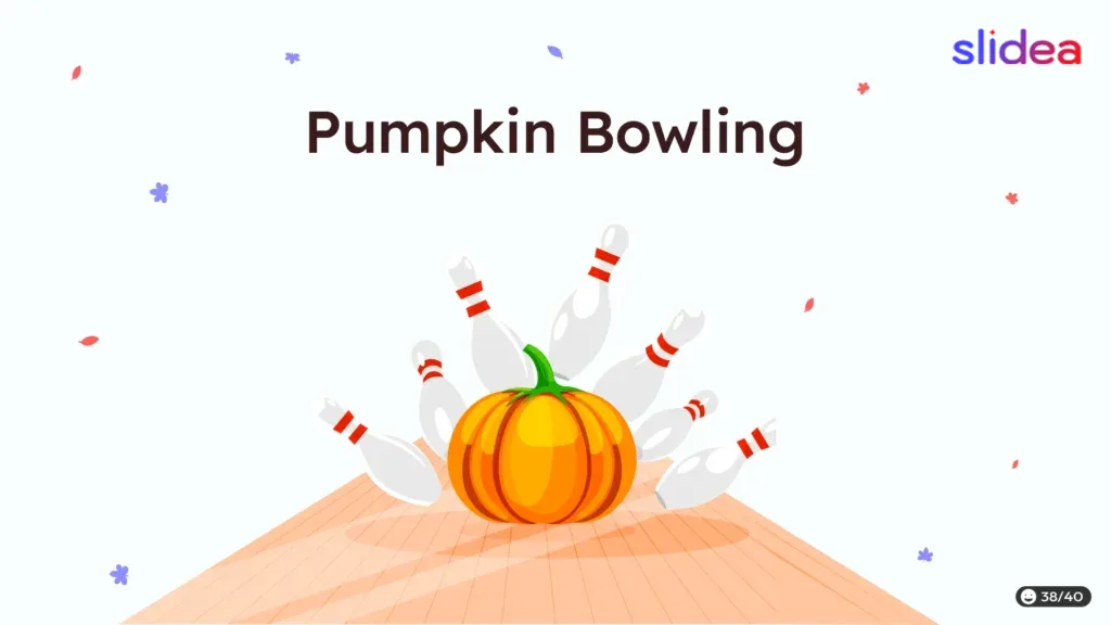 Illustration of a pumpkin knocking over white bowling pins on a wooden lane with falling leaves symbolizing autumn.
