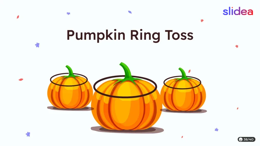 Three bright orange pumpkins with green stems and rings tossed around them, on a light background with falling leaves.