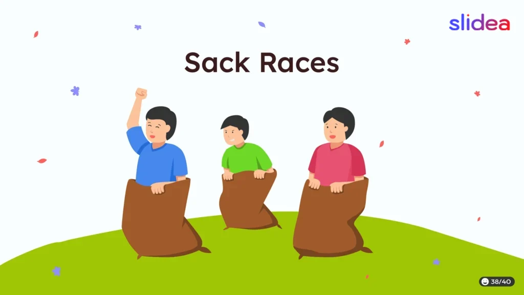 Illustration of three kids in sack race, one with arms raised and playful expressions, on green field with scattered leaves.