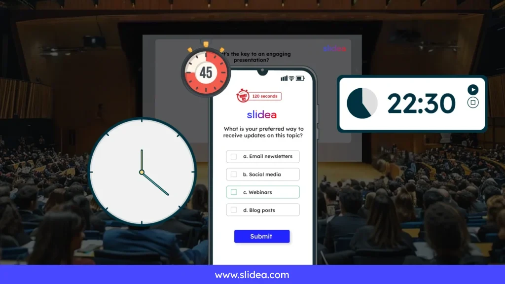 Audience in a large hall views a presentation screen and overlay shows clock, countdown timers, and phone with poll options.