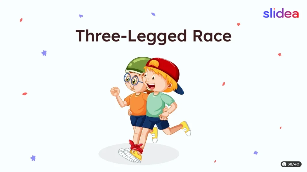 Illustration of two boys in a three-legged race, stepping together with joyful expressions and tied legs.