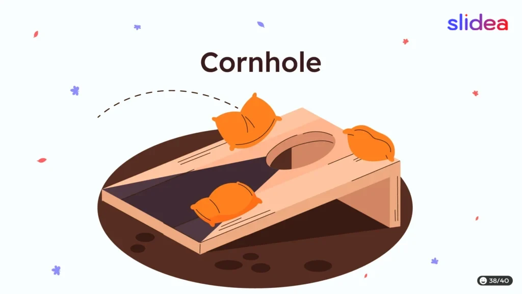 Game of cornhole with orange bean bags aiming at a round hole on a slanted wooden board on a dark brown ground.