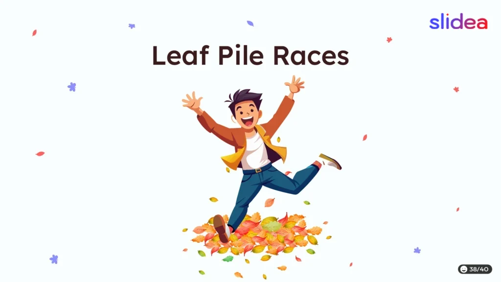 Illustration of a cheerful boy racing through a pile of vibrant fall leaves with arms wide and playful expression.