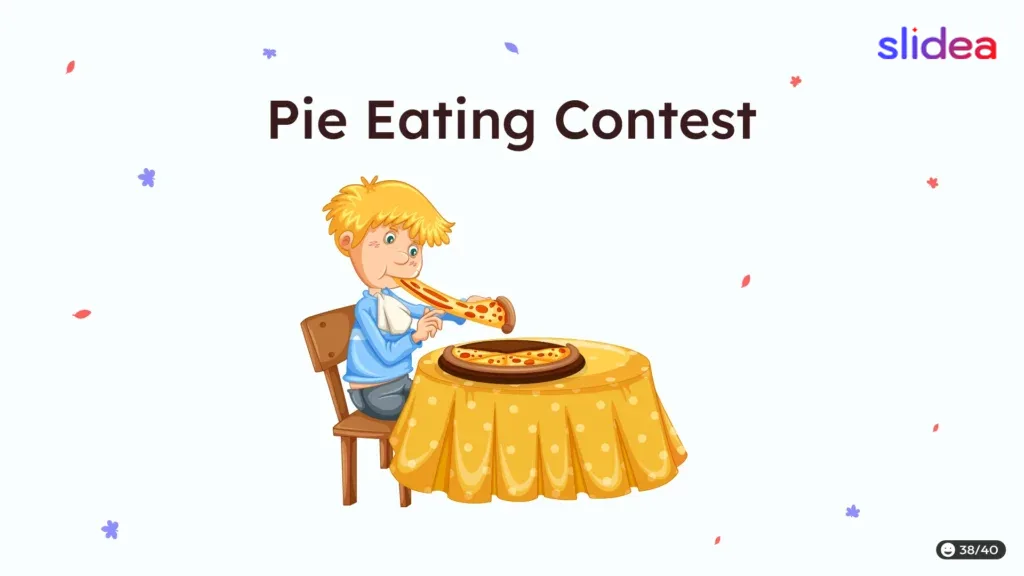 Illustration of a child with a napkin around his neck eating pie at a table with a yellow polka dot cloth.