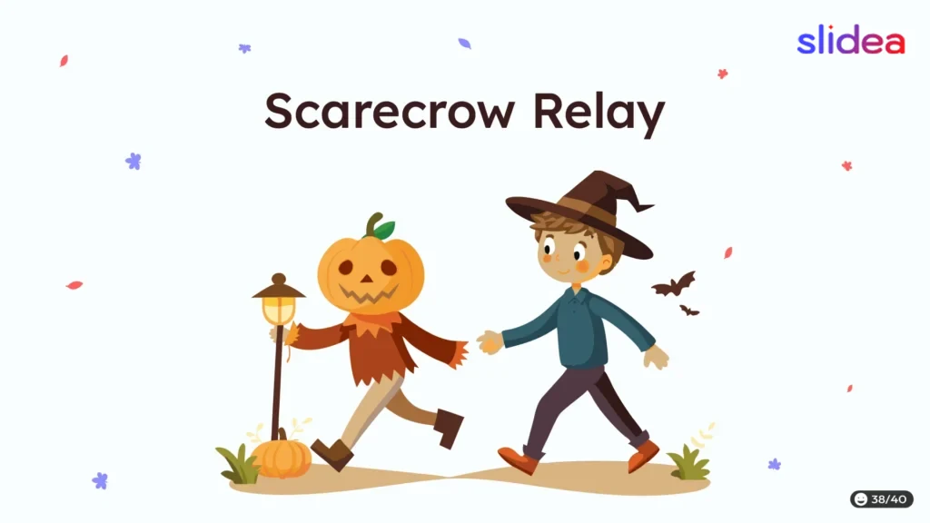 Child in witch costume runs behind a pumpkin-headed scarecrow holding a lamp post in a fall-themed relay.